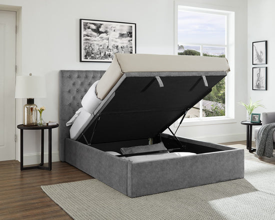 Flat Buttoned Headboard Lift Up Ottoman Bed